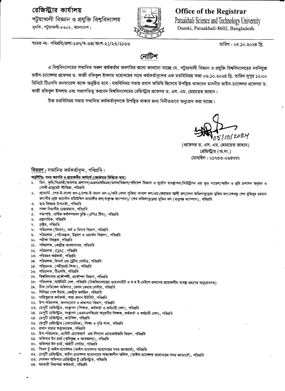 পবিপ্রবি’র নবনিযুক্ত ভাইস-চ্যান্সেলর প্রফেসর ড. কাজী রফিকুল ইসলাম মহোদয়ের সাথে বিশ্ববিদ্যালয়ের কর্মকর্তাদের মতবিনিময় সভা।